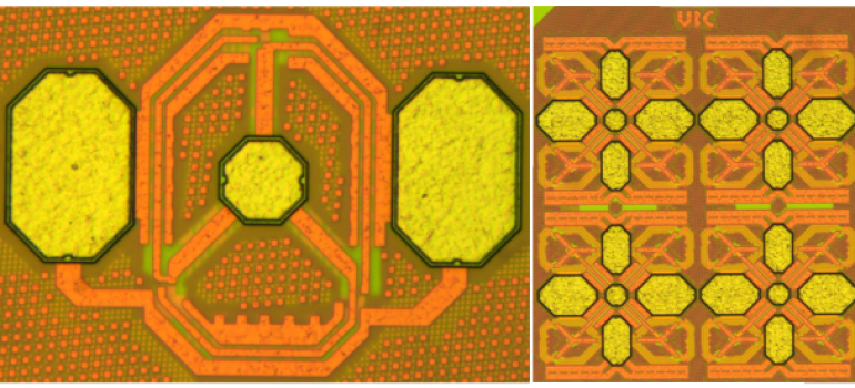 Chip micrograph of a Single core (left) and Quad core(right) prototype for high Power 300 GHz Voltage Controlled Oscillator (VCO) in 65nm CMOS. (courtesy of Amir Hossein Masnadi Shirazi , and Amir Nikpaik )